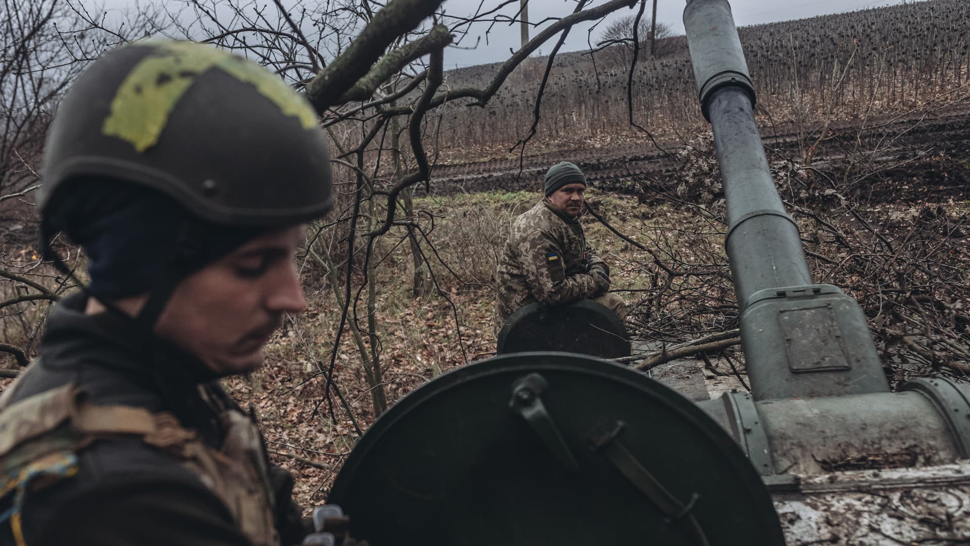 Ukrainian tankmen on the Bakhmut front line in Donetsk, Ukraine, on Nov. 27, 2022. Intense military activity around the city involves warplanes from both sides, artillery systems, tanks and other heavy weapons that are used day and night.
