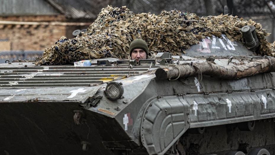 A Ukrainian soldier is seen in a tank as military mobility proceeds in Bakhmut where the war against Russia continues, located Donetsk Oblast, Ukraine on Nov. 23, 2022.