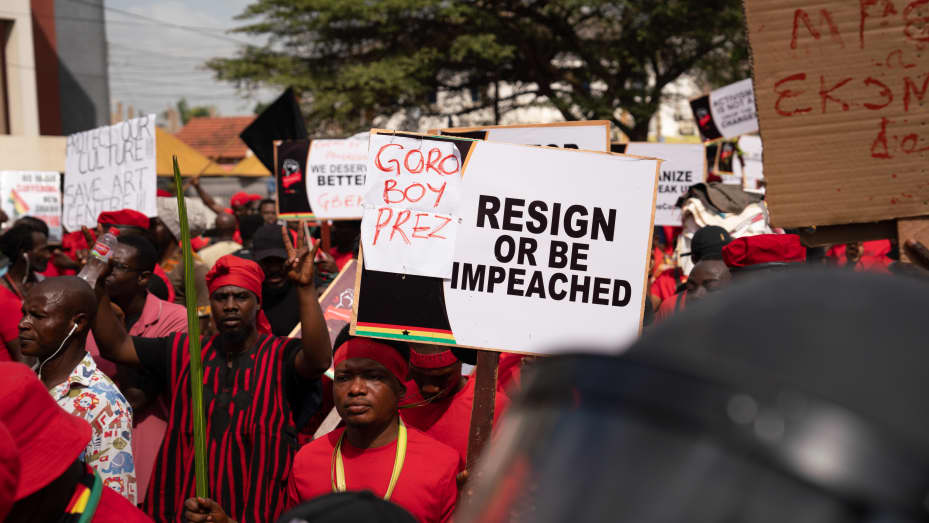 ACCRA, GHANA - NOVEMBER 05: Ghanaians march during the 'Ku Me Preko' demonstration on November 5, 2022, in Accra, Ghana. People took to the streets of Ghana's capital to protest against the soaring cost of living, aggravated since the Russian invasion of Ukraine
