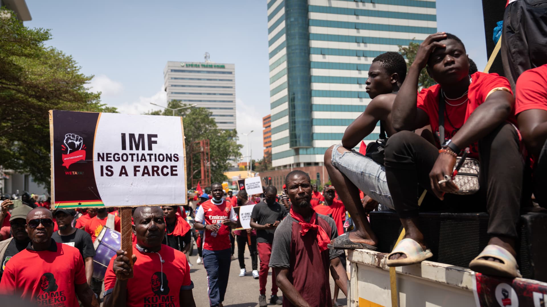 ACCRA, GHANA - NOVEMBER 05: Ghanaians march during the 'Ku Me Preko' demonstration on November 5, 2022, in Accra, Ghana. People took to the streets of Ghana's capital to protest against the soaring cost of living, aggravated since the Russian invasion of Ukraine.