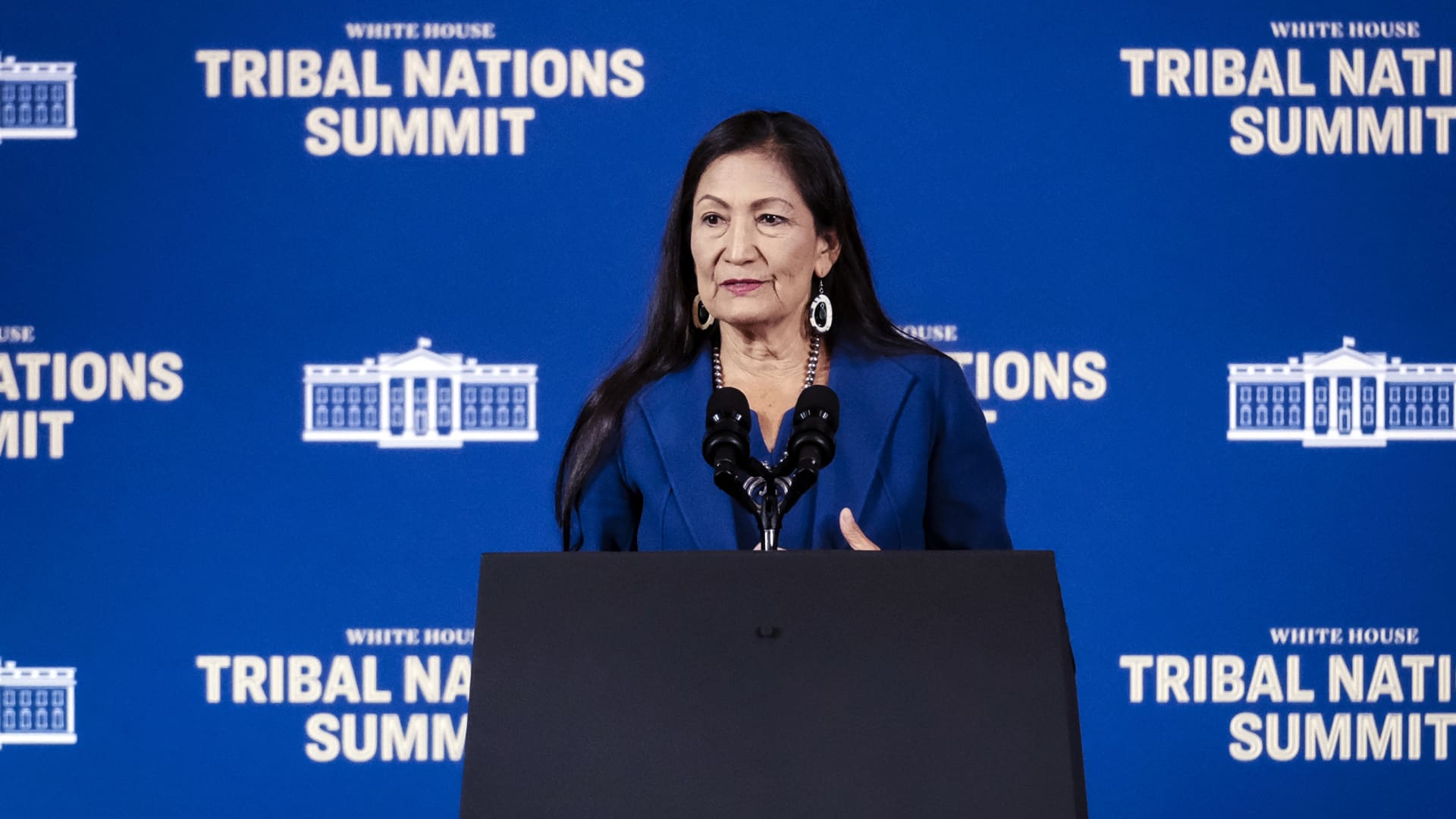 Department of the Interior Secretary Deb Haaland delivers opening remarks at the 2022 White House Tribal Nations Summit at the Department of the Interior on November 30, 2022 in Washington, DC.