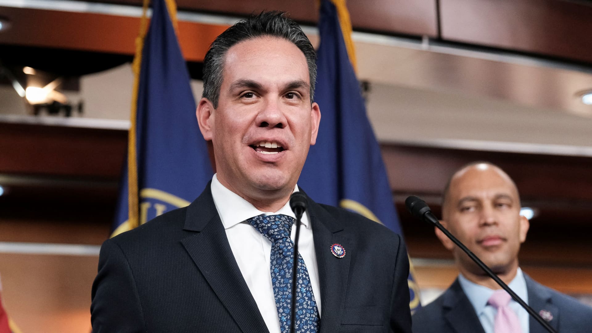 U.S. Rep. Pete Aguilar (D-CA) speaks at House Leadership news conference after Rep. Hakeem Jeffries (D-NY) was elected as the new Democratic leader in the House of Representatives for the next session of Congress, on Capitol Hill in Washington, November 30, 2022.