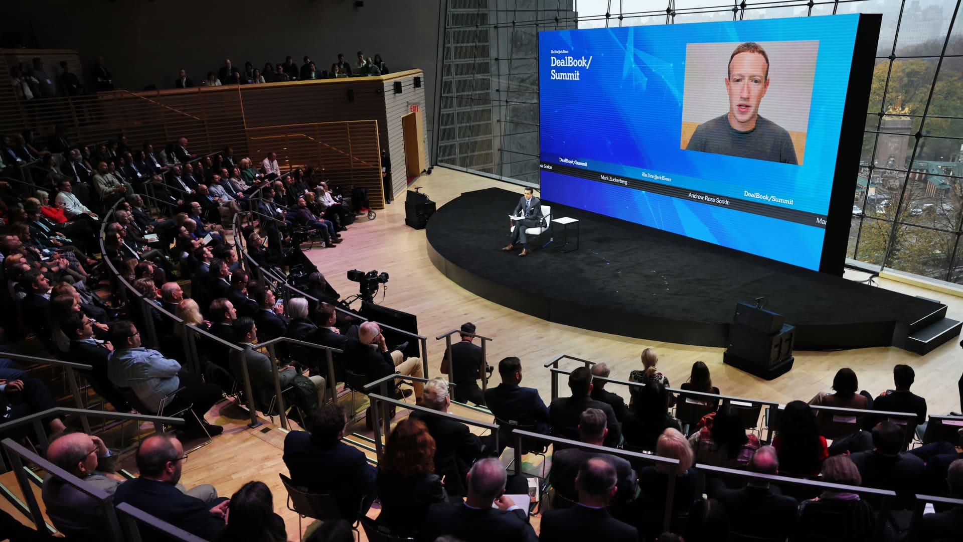Andrew Ross Sorkin speaks with Meta CEO and founder Mark Zuckerberg during the New York Times DealBook Summit in the Appel Room at the Jazz At Lincoln Center on November 30, 2022 in New York City.