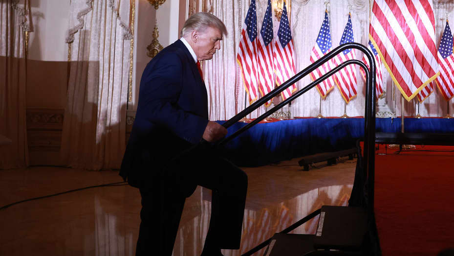 Former U.S. President Donald Trump arrives on stage to speak during an event at his Mar-a-Lago home on November 15, 2022 in Palm Beach, Florida.