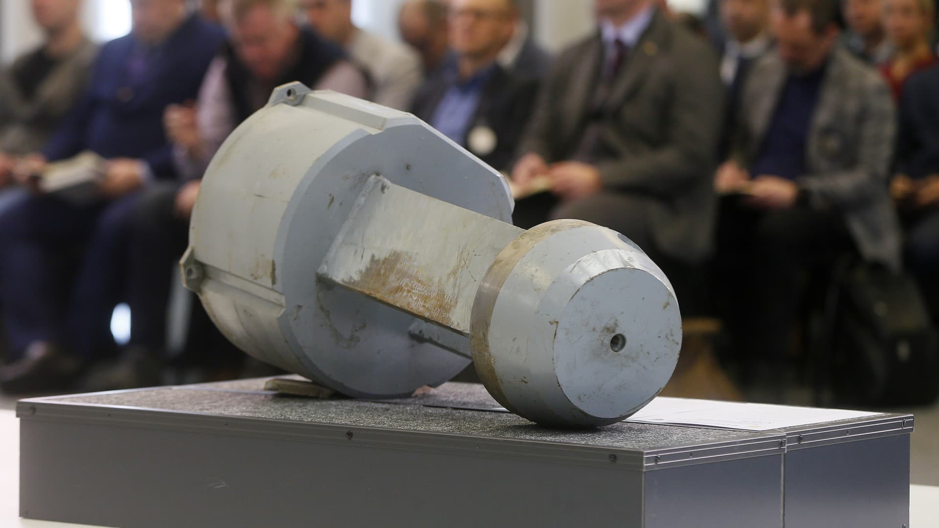 A dud warhead imitating a nuclear part of a Kh-55SM strategic cruise missile, which was used by Russian troops during a recent missile attacks on Ukraine, is seen during a media briefing in Kyiv, Ukraine 01 December 2022.