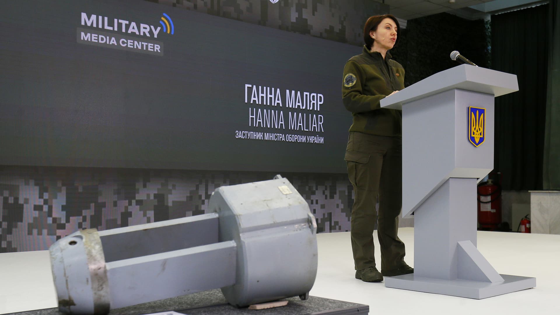 Deputy Minister of Defense of Ukraine Hanna Maliar speaks standing next to a dud warhead imitating a nuclear part of a Kh-55SM strategic cruise missile, which was used by Russian troops during a recent missile attacks on Ukraine, during a media briefing in Kyiv, Ukraine 01 December 2022. 