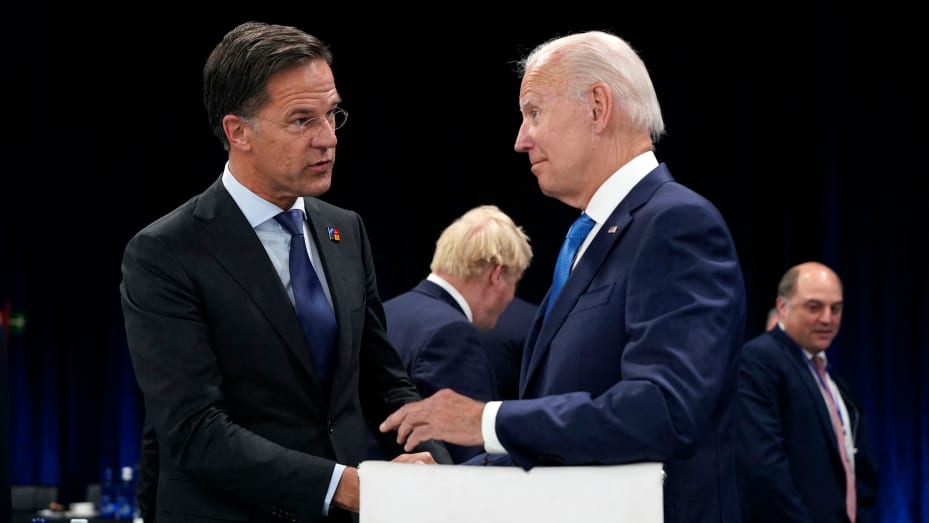 Netherlands Prime Minister Mark Rutte speaks with U.S. President Joe Biden, on June 29, 2022. The U.S. has been putting pressure on the Netherlands to block exports to China of high-tech semiconductor equipment.