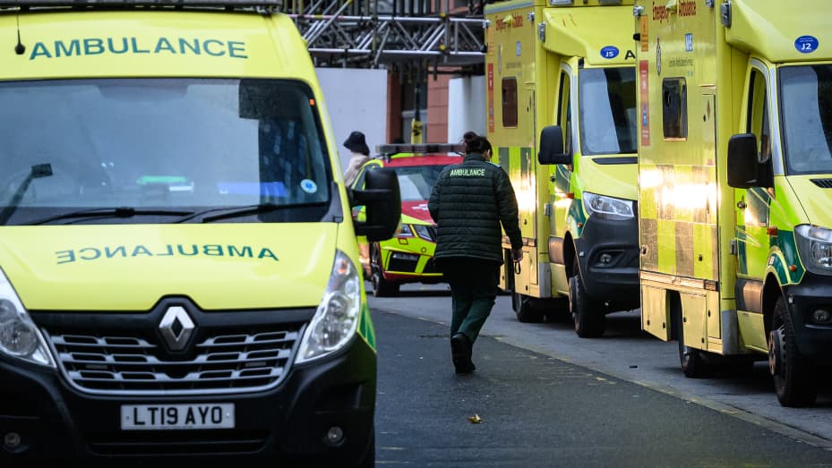 LONDON - Nov. 24, 2022: A queue of ambulances are seen outside the Royal London Hospital emergency department on November 24, 2022 in London, England. Over the past week, nearly three in 10 ambulances were caught queuing outside hospitals in England.