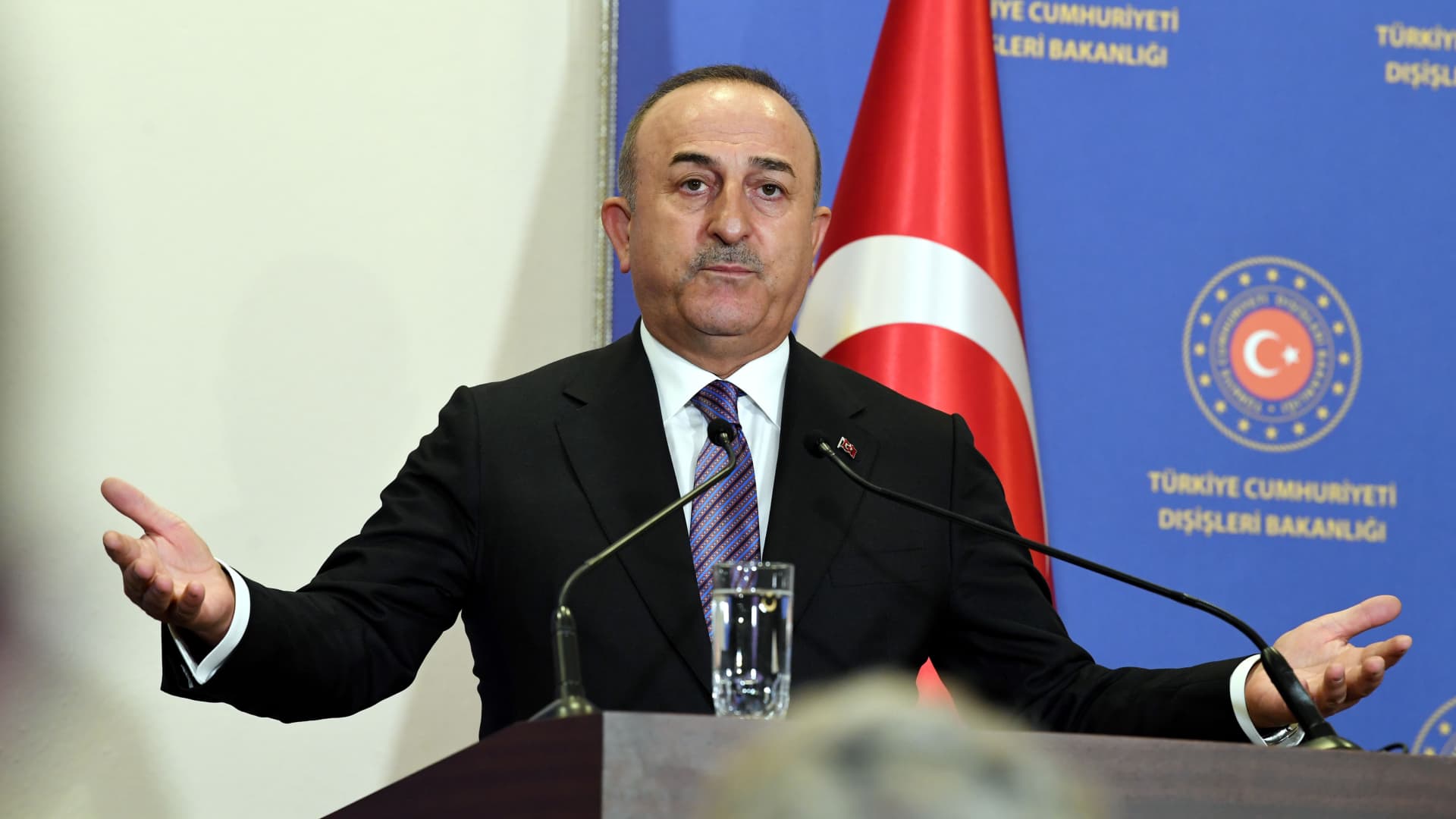 Turkish Foreign Minister Mevlut Cavusoglu speaks during a press conference with in Istanbul, Türkiye, on Nov. 3, 2022.