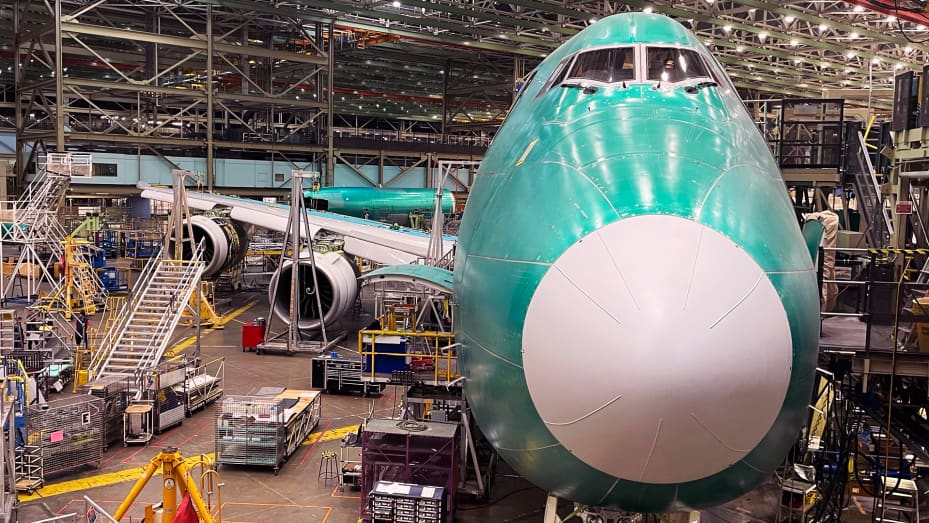 Boeing's last 747 aircraft, #1574, at its factory in Everett, Washington.
