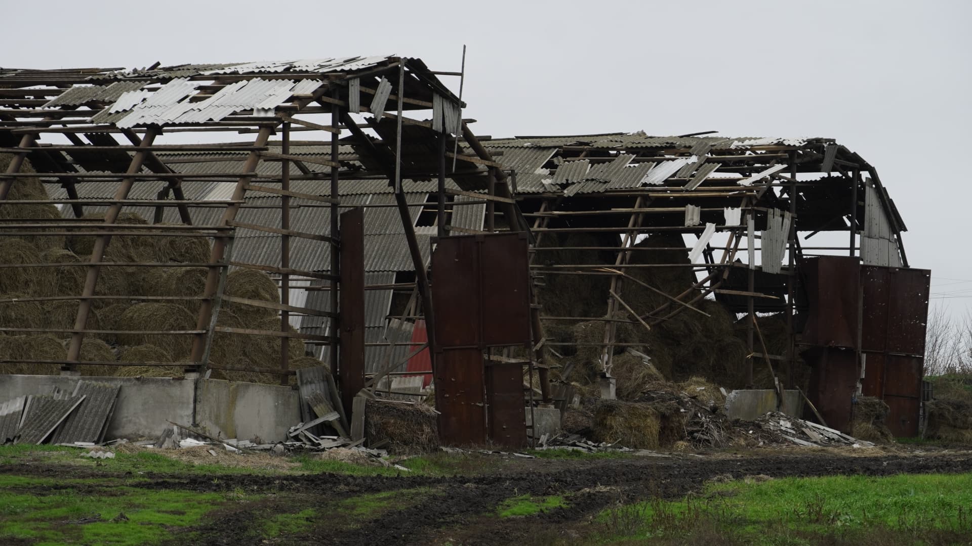 A view of damaged structures in Belgorod in Russia after suspected attacks, seen on Nov. 6, 2022.