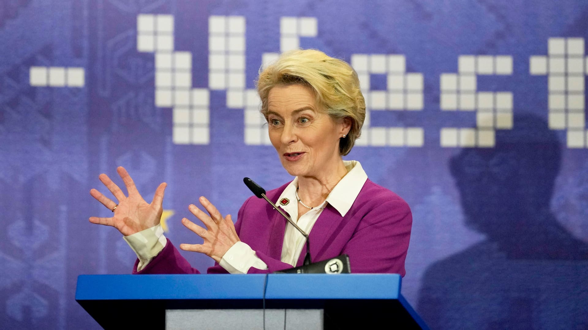European Commission President Ursula von der Leyen speaks during a media conference at the EU-Western Balkans Summit, in Tirana, Albania, Tuesday, Dec. 6, 2022. EU leaders and their Western Balkans counterparts gathered Tuesday for talks aimed at boosting their partnership as Russia's war in Ukraine threatens to reshape the geopolitical balance in the region.