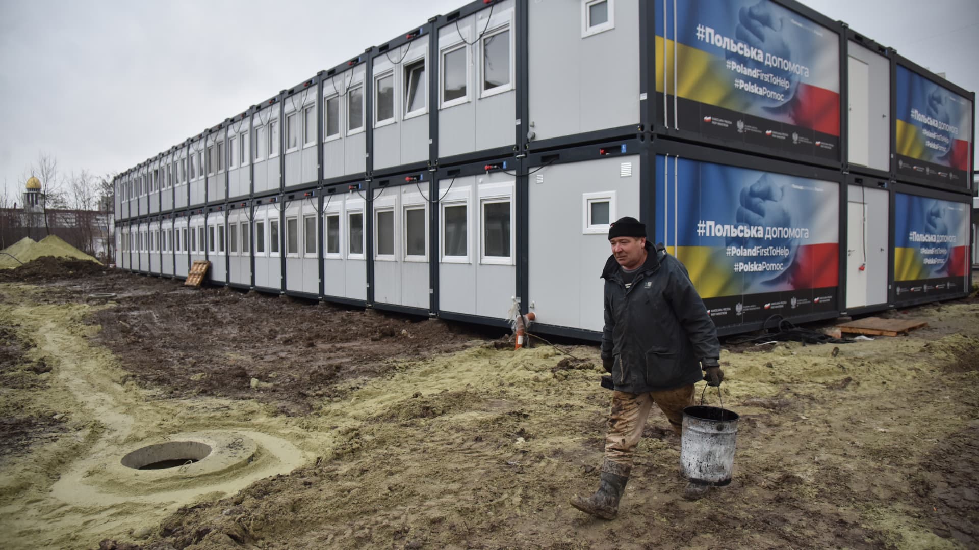 A view of the construction of Ukraine's largest modular town for refugees in Lviv on December 7, 2022. 