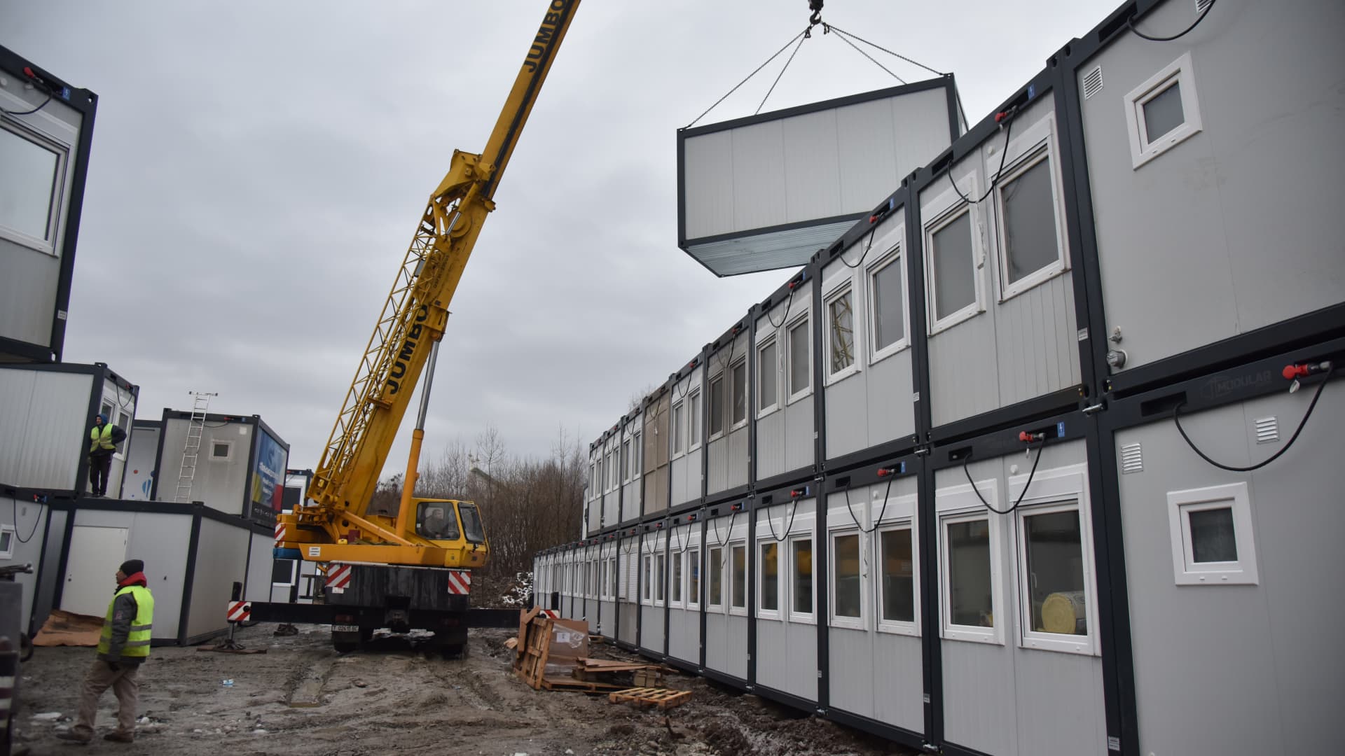 A view of the construction of Ukraine's largest modular town for refugees in Lviv on December 7, 2022. 