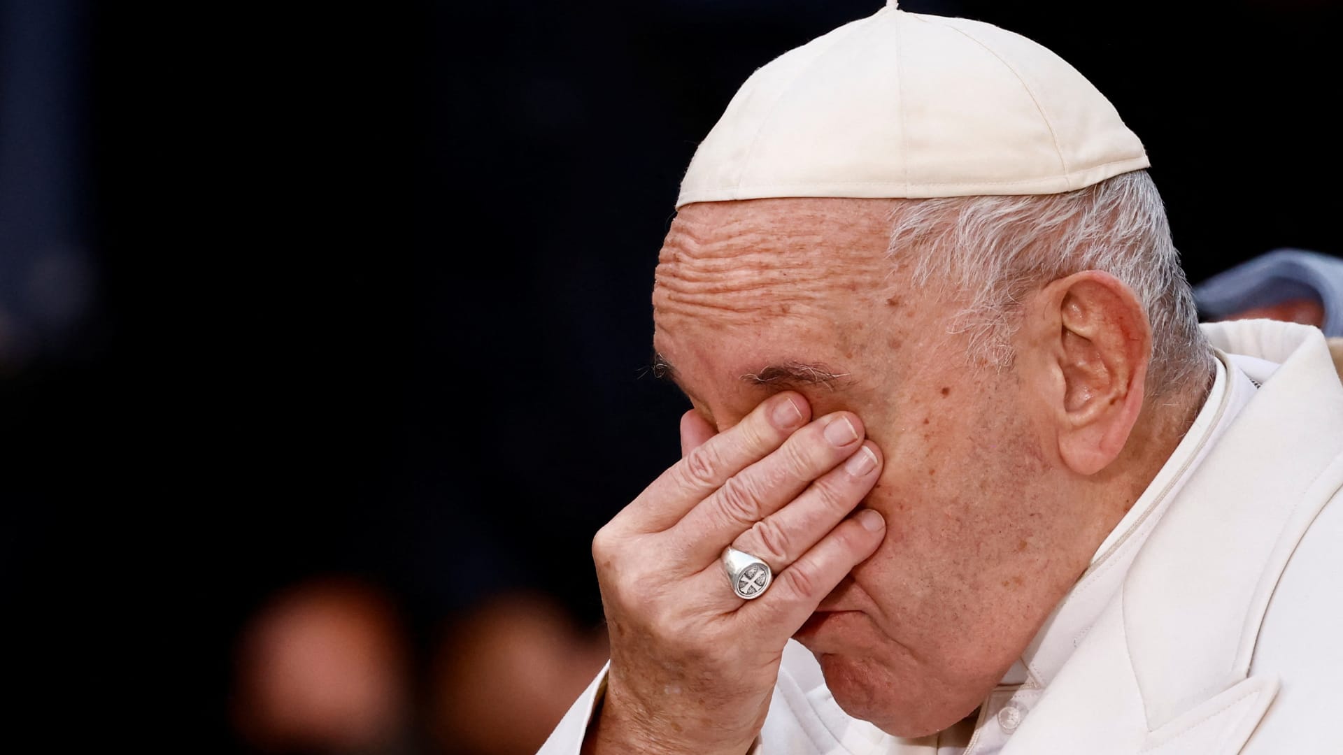 Pope Francis cries while speaking about Ukraine as he attends the Immaculate Conception celebration prayer in Piazza di Spagna in Rome, Italy, December 8, 2022. 