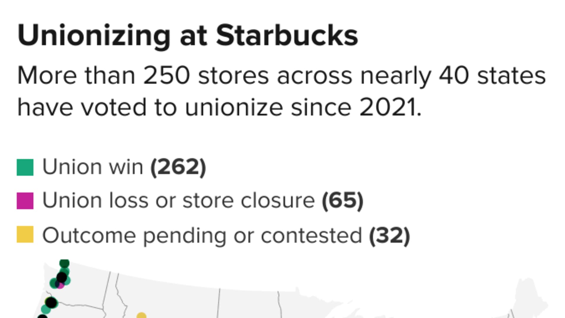 Map of Starbucks stores that voted to unionize
