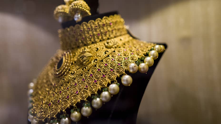 Gold jewelry at a store ahead of the festival of Diwali in New Delhi, India on Sunday, Oct. 23, 2022.