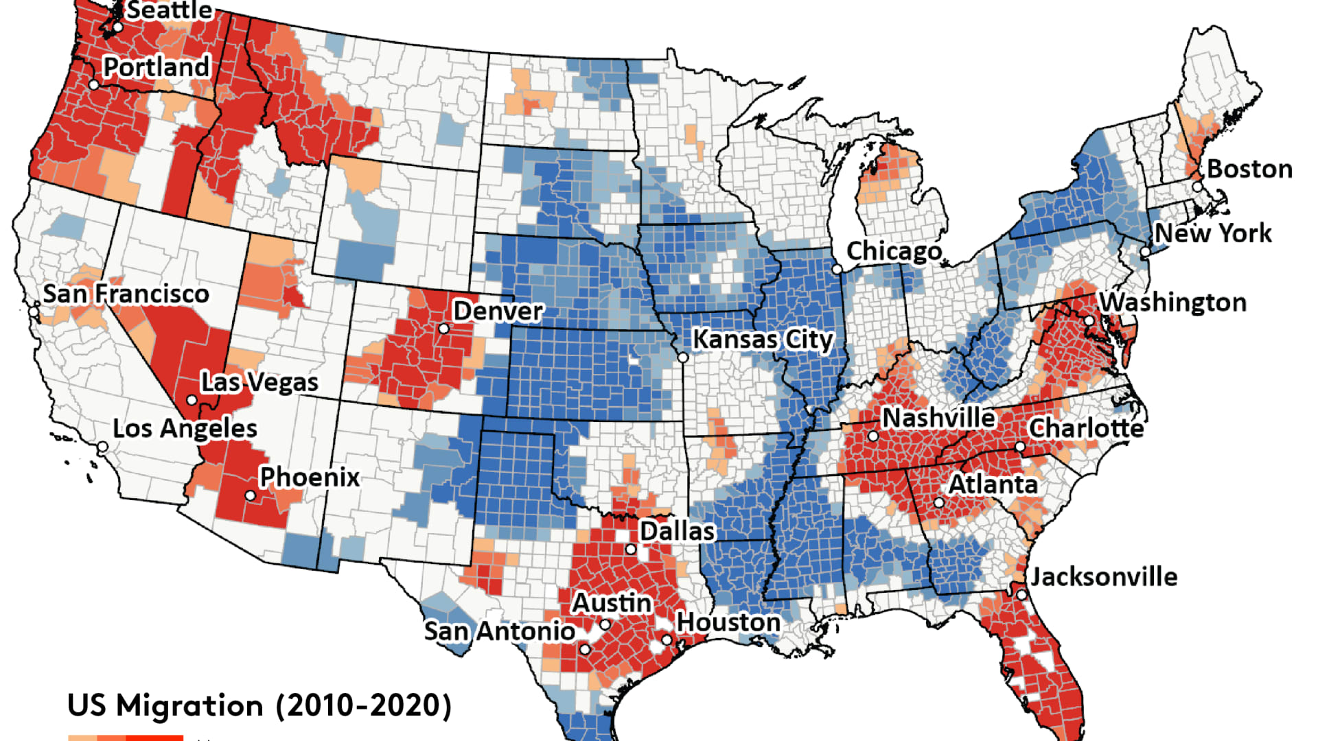 Areas where more people moved into a region than out are red. Areas where more people moved out of a region than in are in blue. 