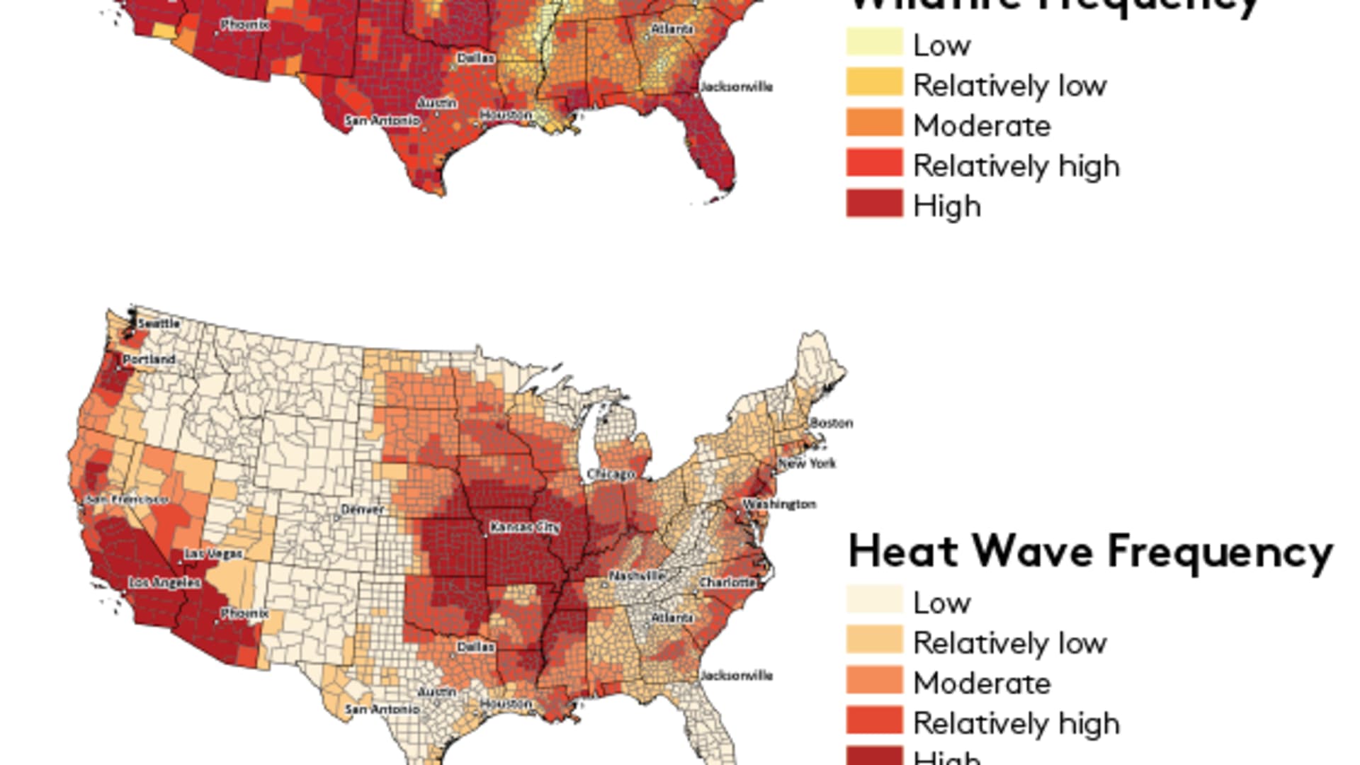 Wildfire probability, heat wave frequency and hurricane frequency across the United States. 