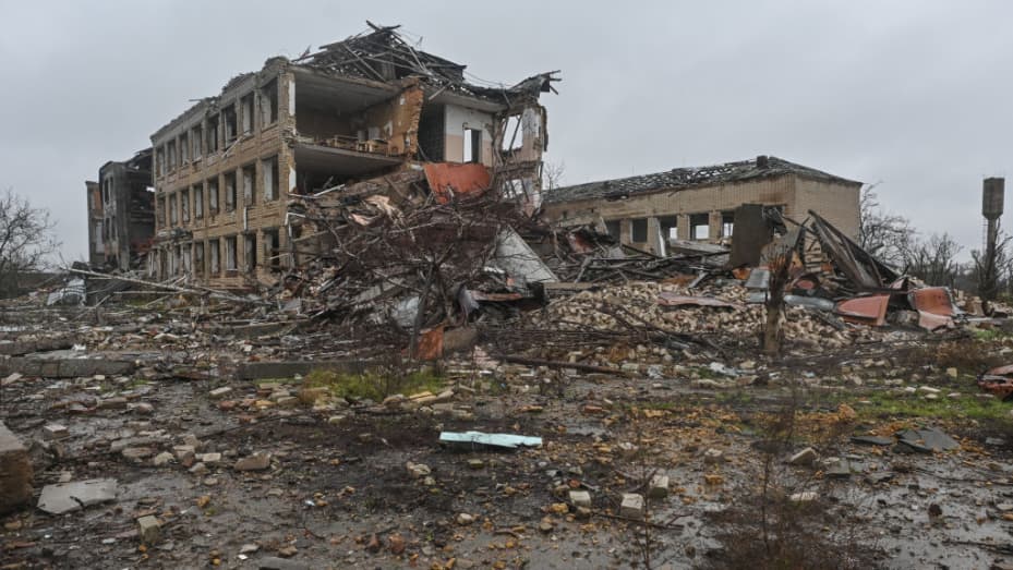 A destroyed school in Posad-Pokrovske in the Kherson region of Ukraine on Dec. 11, 2022.