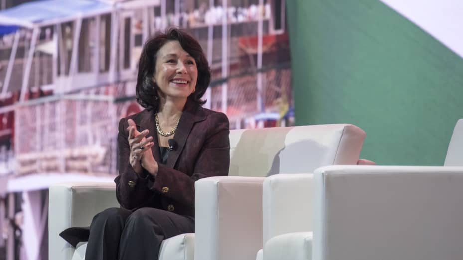 Safra Catz, Oracle's CEO and then one of Oracle's two co-CEOs, smiles during Oracle's OpenWorld conference in San Francisco on, Sept. 20, 2016.