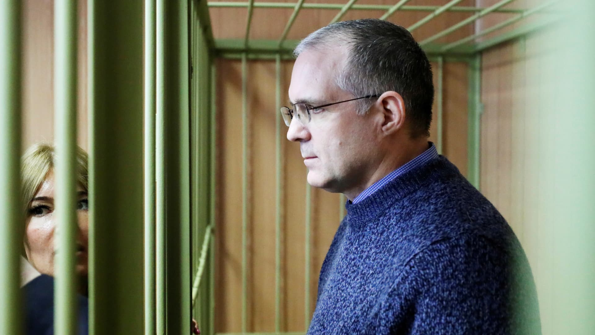 Former U.S. Marine Paul Whelan, who is being held on suspicion of spying, in the courtroom cage after a ruling regarding extension of his detention, in Moscow, Russia, Feb. 22, 2019.