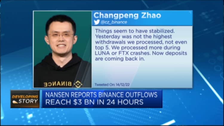 Binance CEO says deposits are 'coming back in' after pausing USDC withdrawals