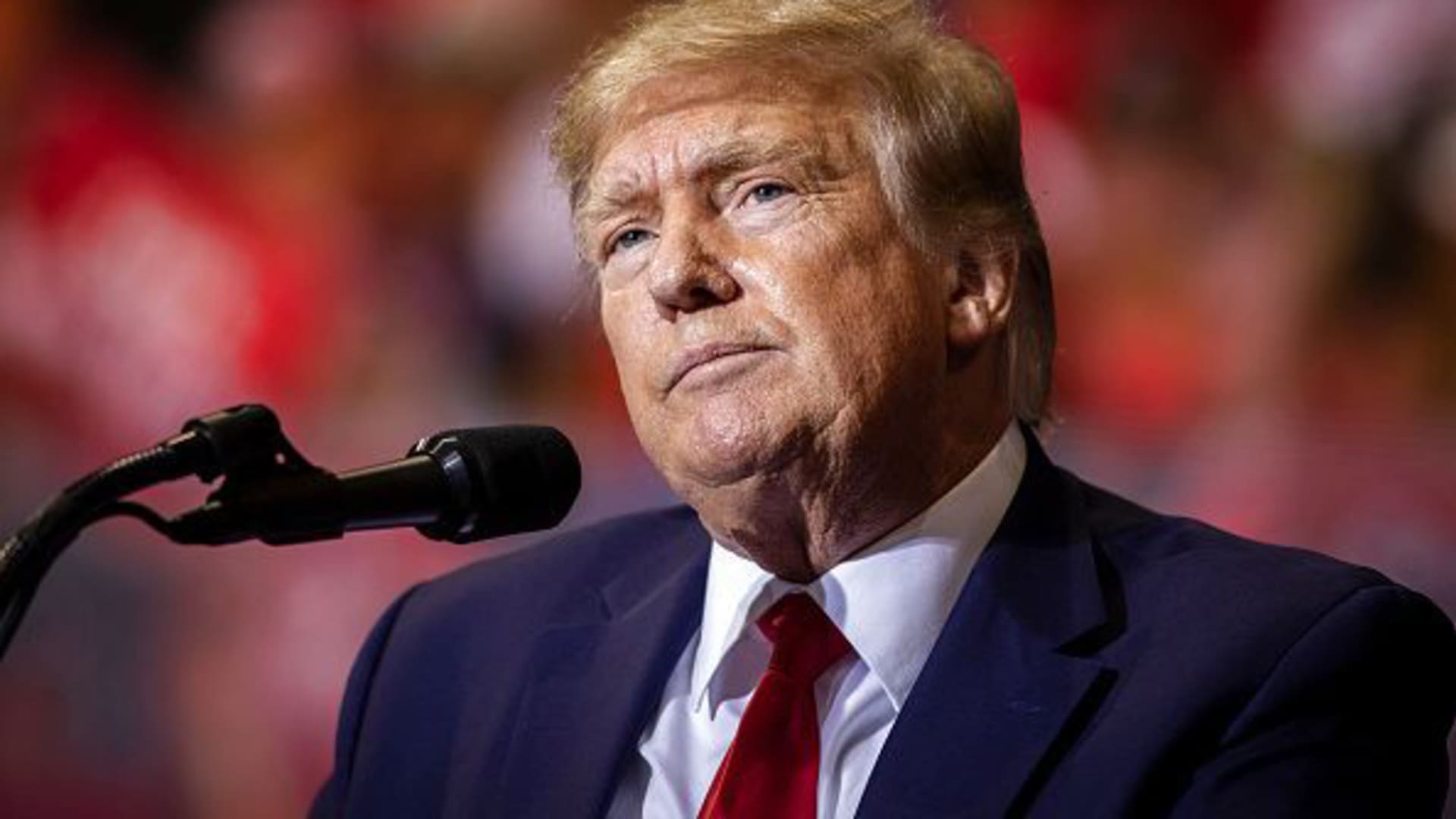 Former President Donald Trump speaks on May 28, 2022 in Casper, Wyoming. The rally is being held to support Harriet Hageman, Rep. Liz Cheneys primary challenger in Wyoming.