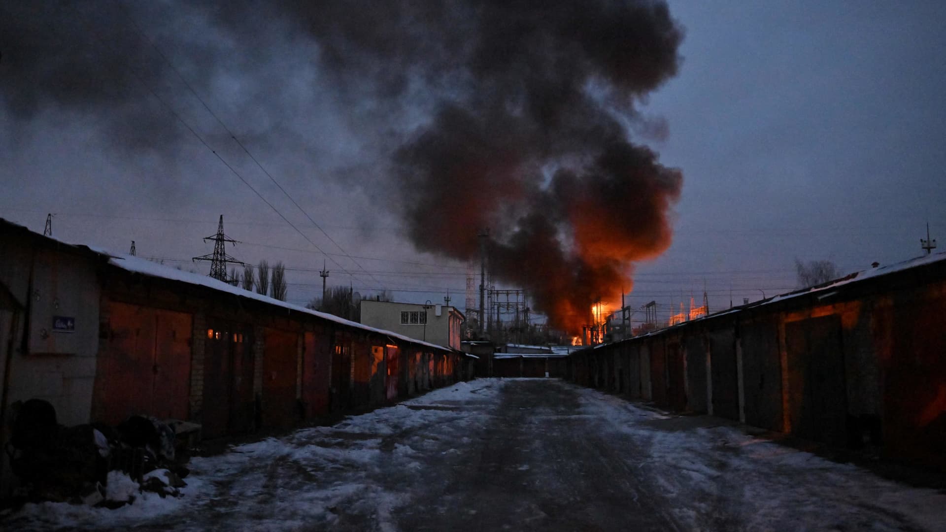 This photograph shows an object of a critical power infrastructure as it burns after a drone attack to Kyiv, amid the Russian invasion of Ukraine.