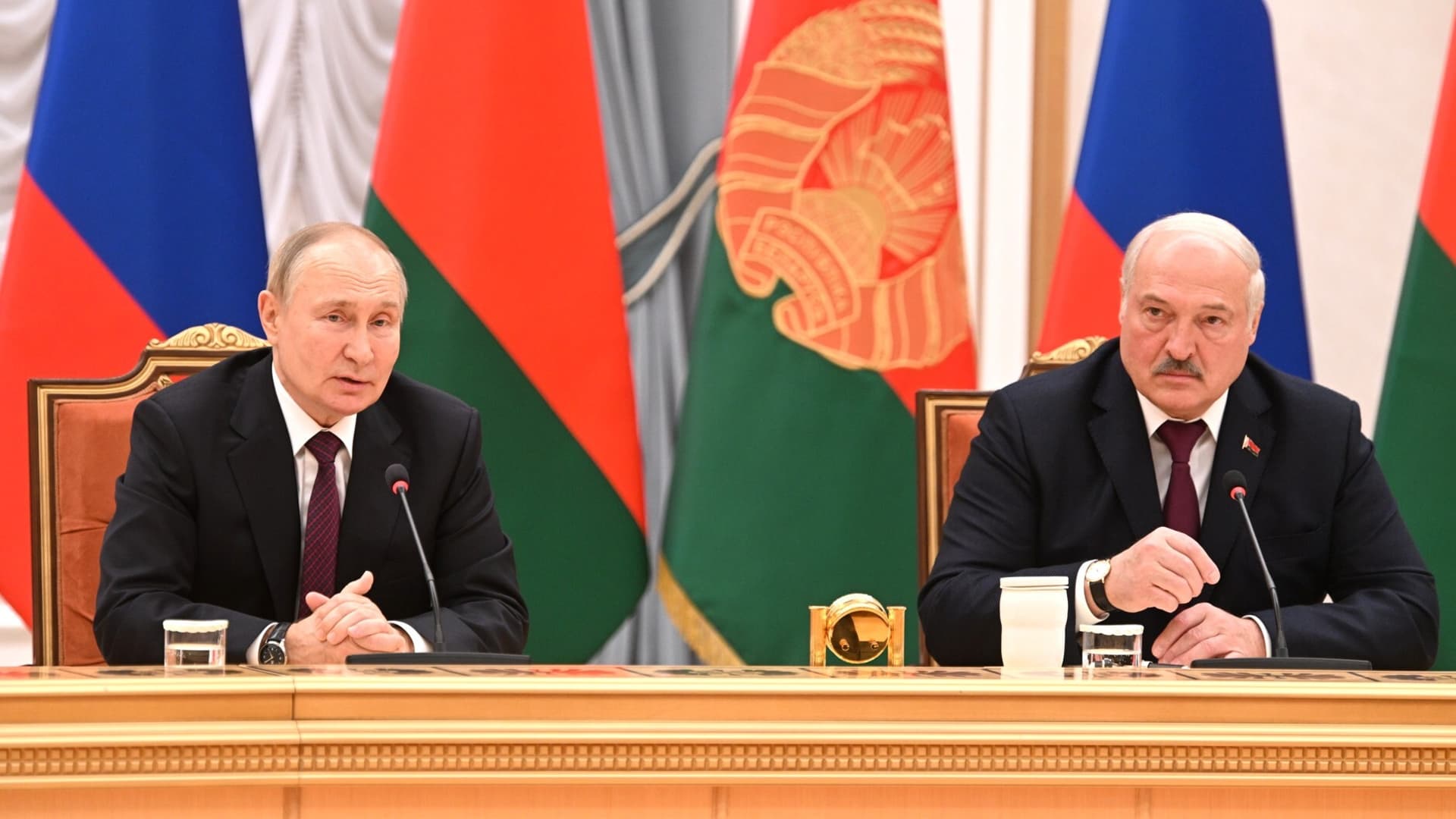 Russian President Vladimir Putin and Belarusian President Alexander Lukashenko meet at the Palace of Independence in Minsk, Belarus on December 19, 2022.