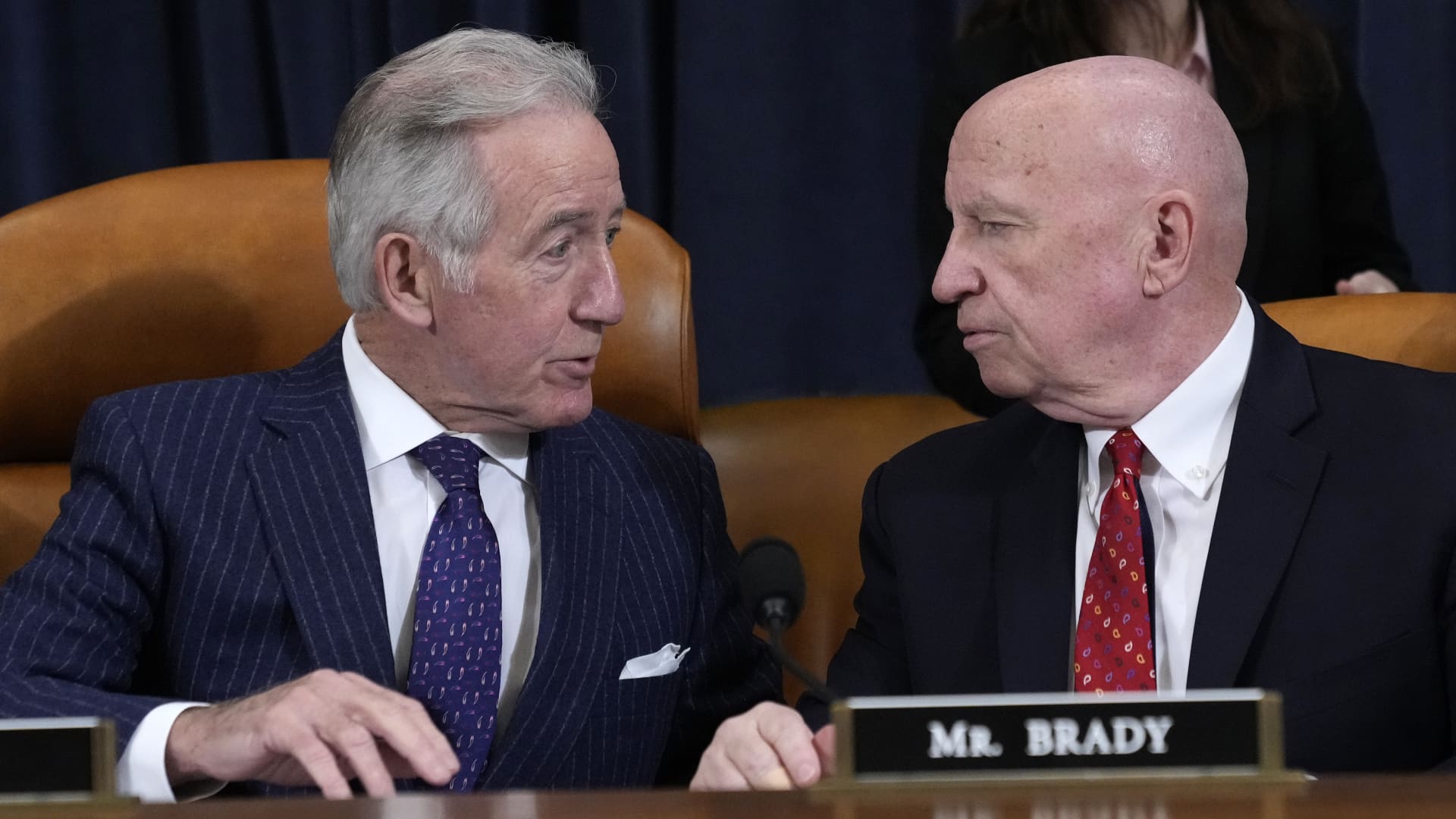 Committee chairman Rep. Richard Neal (D-MA) and ranking member Rep. Kevin Brady (R-TX) talk during a business meeting of the House Ways and Means Committee on Capitol Hill on December 20, 2022 in Washington, DC.