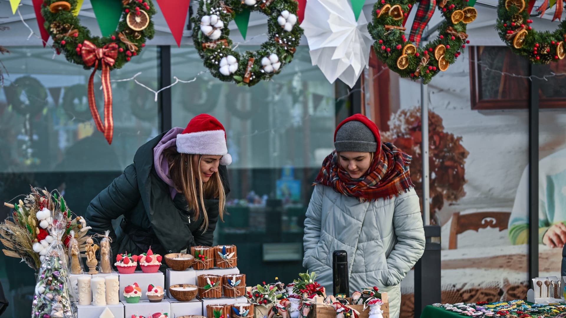 A stall at the Ukrainian Christmas market in Krakow, Poland.