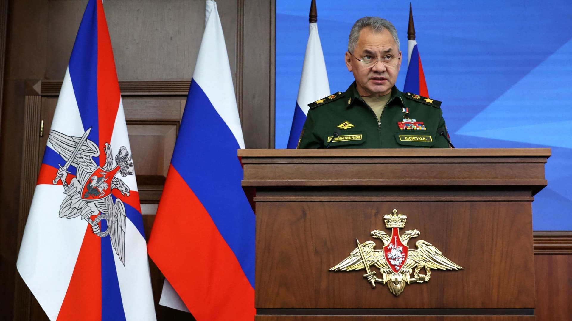 Russian Defence Minister Sergei Shoigu delivers a speech during an annual meeting of the Defence Ministry Board in Moscow, Russia, December 21, 2022. 