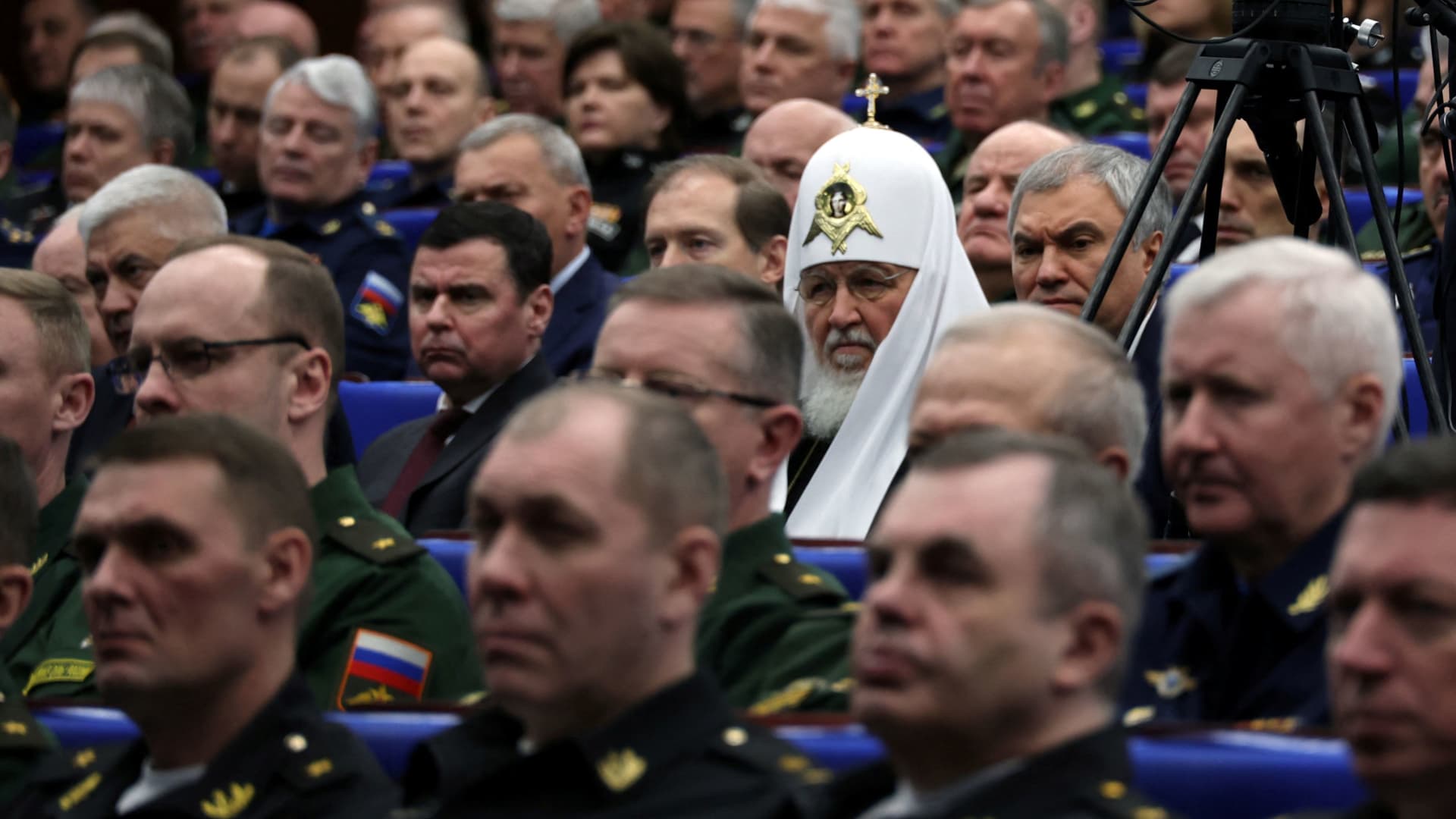 Participants, including Patriarch Kirill of Moscow and All Russia, attend an annual meeting of the Defence Ministry Board in Moscow, Russia, December 21, 2022. 