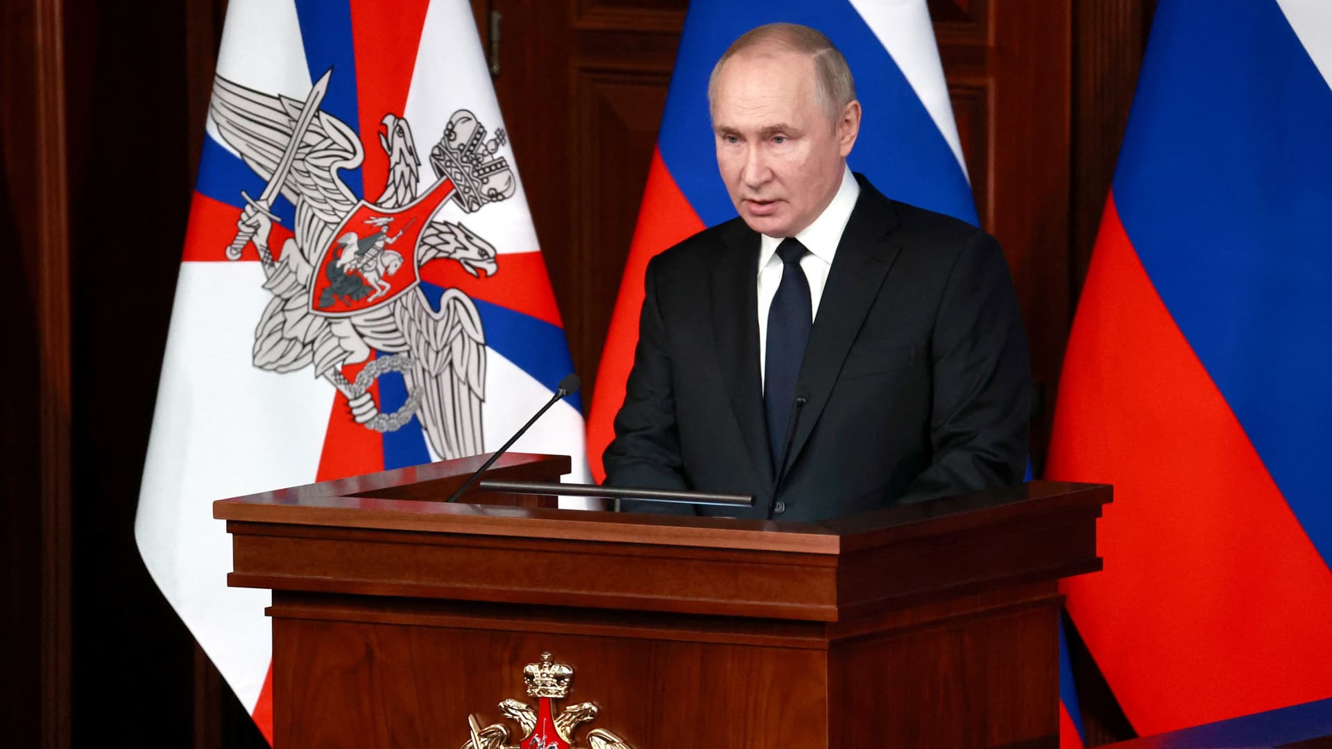 Russian President Vladimir Putin delivers a speech during an annual meeting of the Defence Ministry Board in Moscow, Russia, December 21, 2022. 