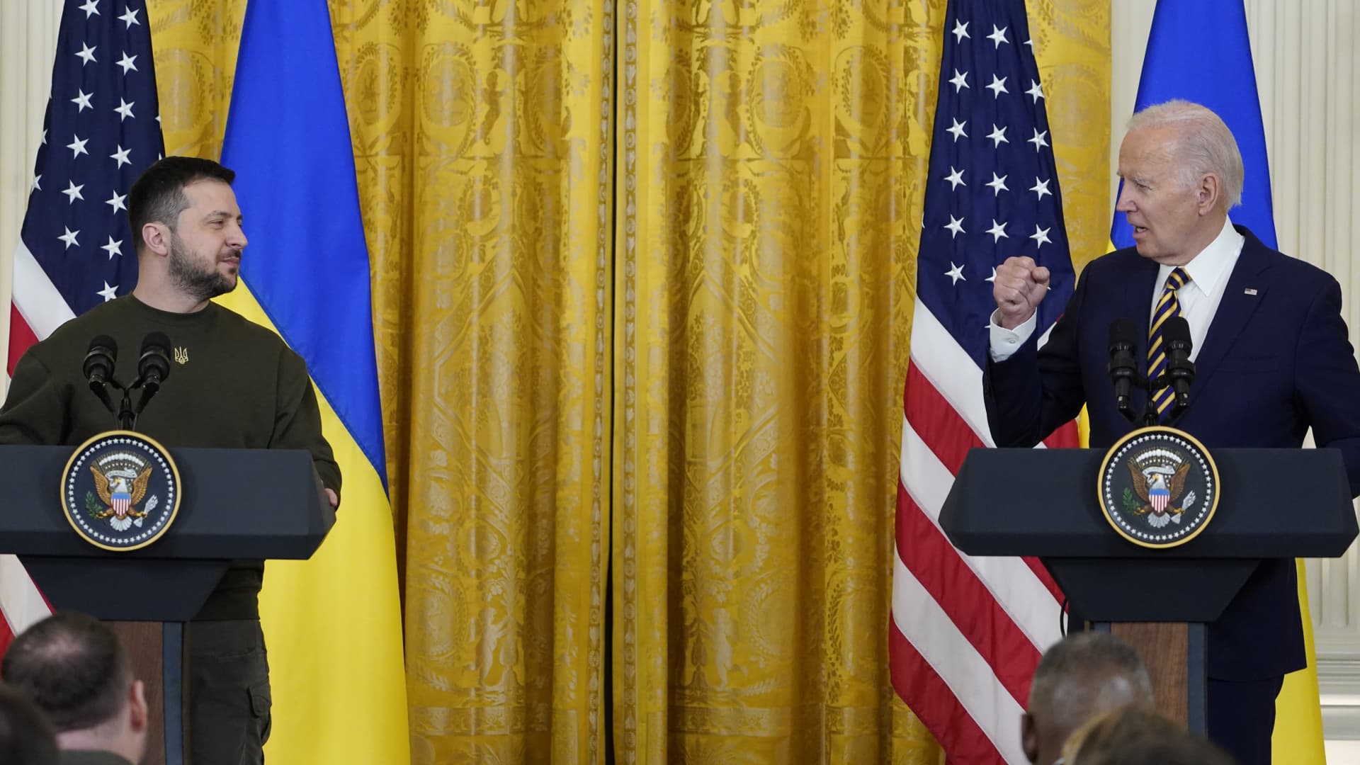 Ukrainian President Volodymyr Zelenskyy listens as speaks President Joe Biden during a news conference in the East Room of the White House in Washington, Wednesday, Dec. 21, 2022.