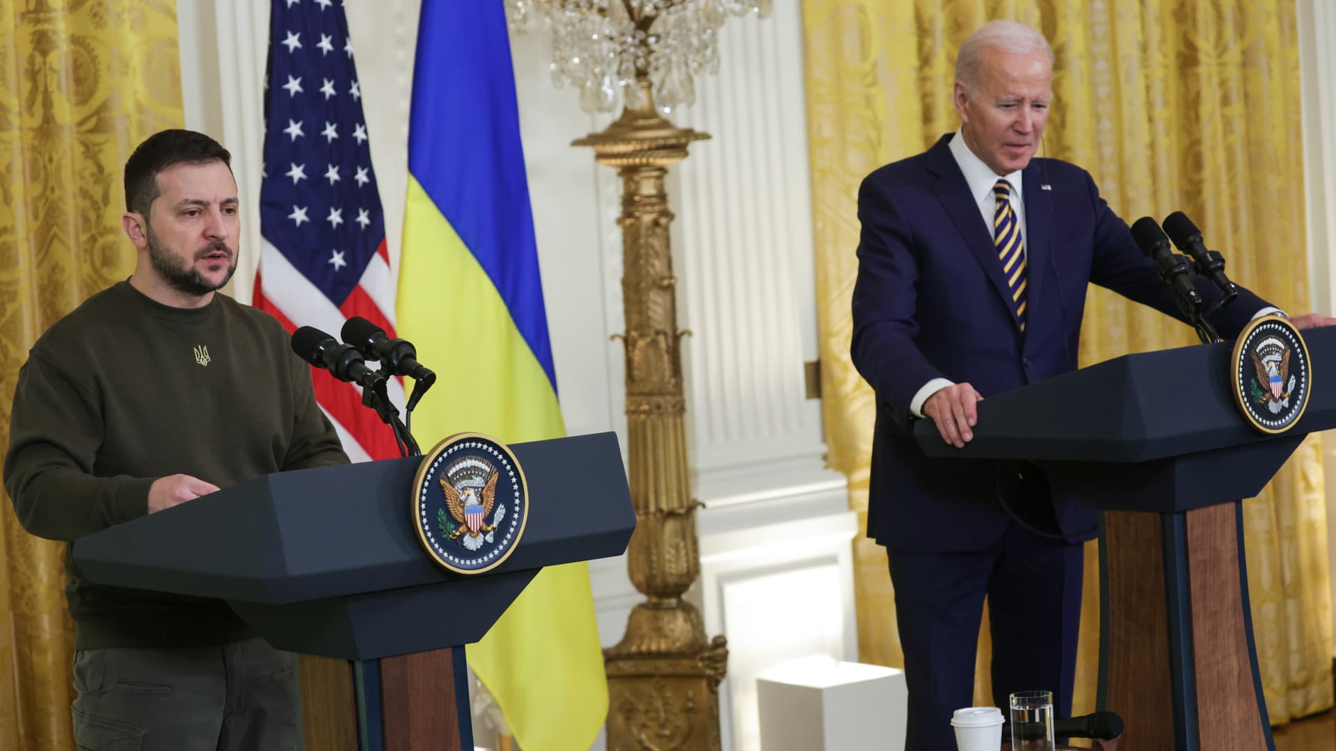 U.S. President Joe Biden (R) and President of Ukraine Volodymyr Zelensky hold a joint press conference in the East Room at the White House on December 21, 2022 in Washington, DC.