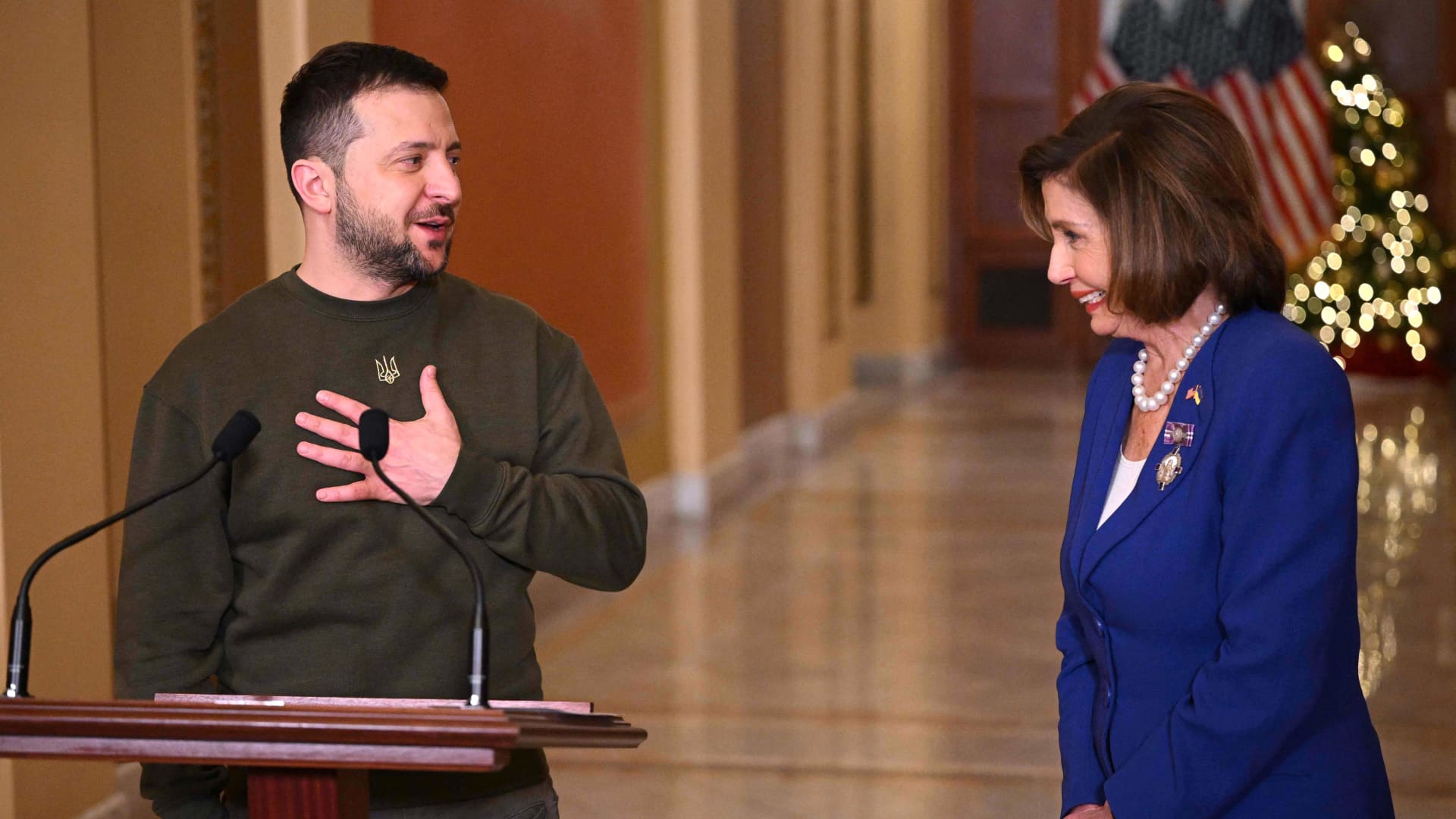 US House Speaker Nancy Pelosi (D-CA) meets with Ukraine's President Volodymyr Zelenskyy at the US Capitol in Washington, DC on December 21, 2022. 