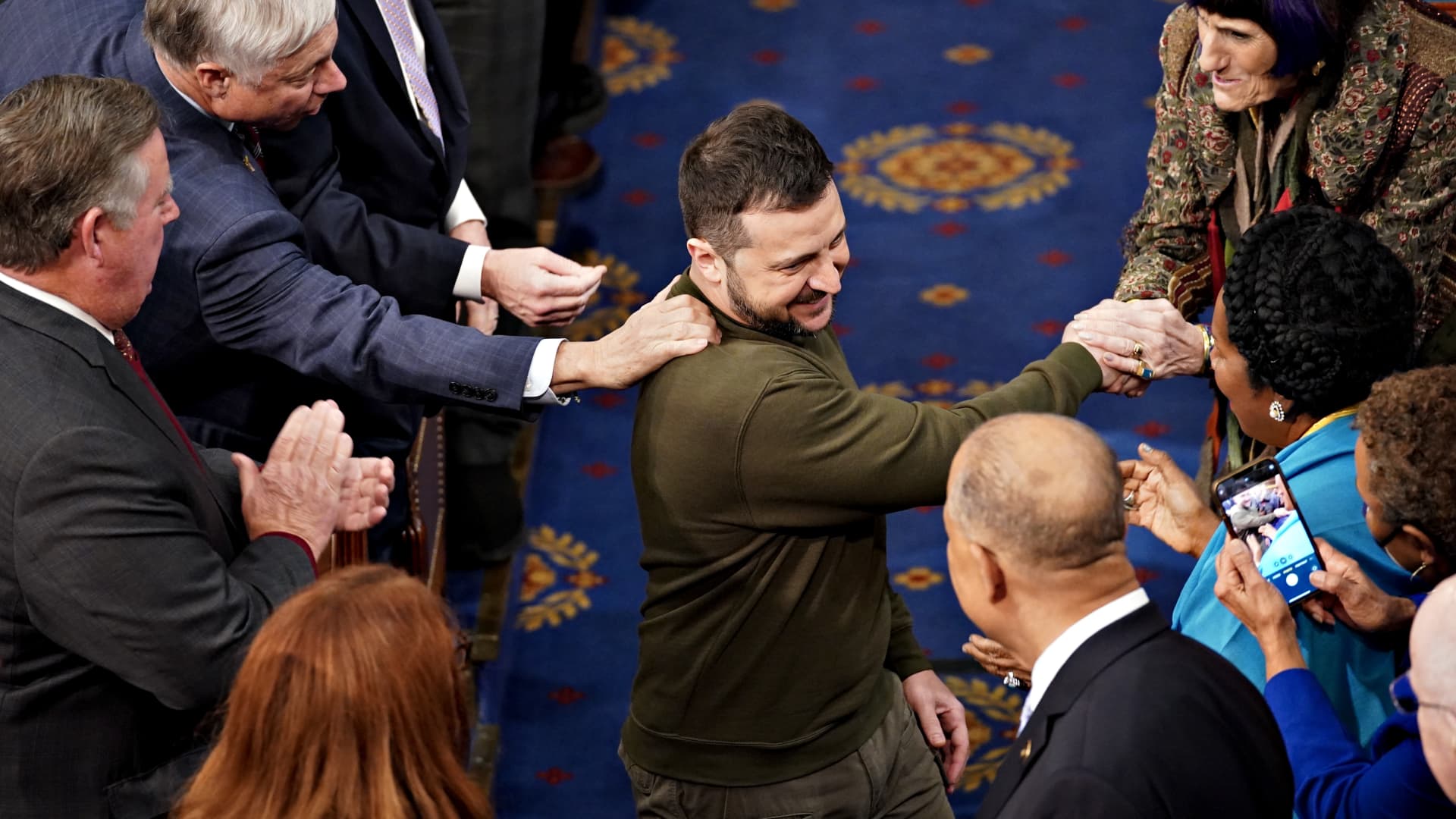 Volodymyr Zelenskyy, Ukraine's president, center, arrives to speak during a joint meeting of Congress at the US Capitol in Washington, DC, US, on Wednesday, Dec. 21, 2022.