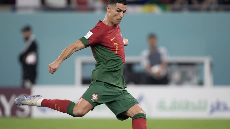 Cristiano Ronaldo scores from the penalty spot for Portugal during the FIFA World Cup Qatar 2022 match between Portugal and Ghana on November 24, 2022 in Doha, Qatar.