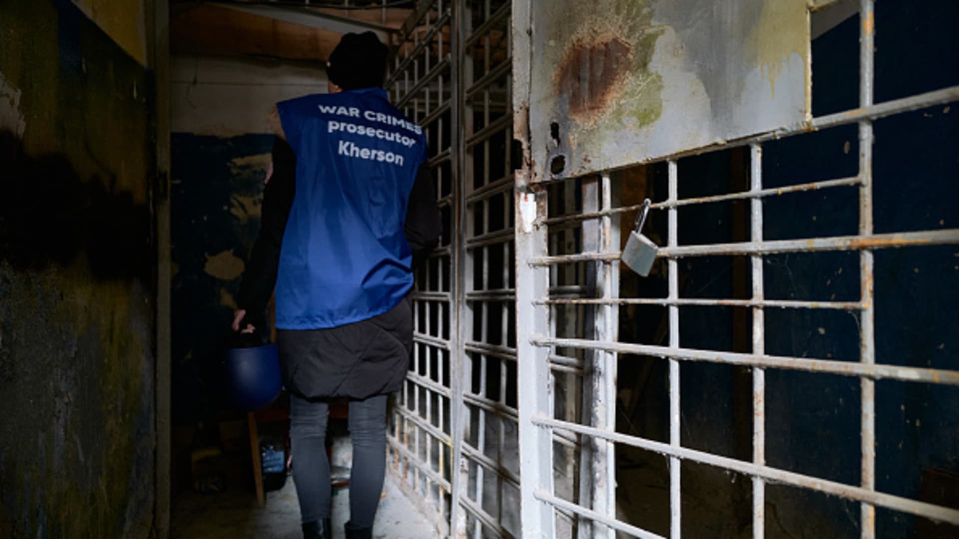 Officers of the War Crimes Prosecutor office and police officers investigate war crimes committed by the Russian occupying forces on the local civilian population in the basements and rooms of Ukrainian penitentiary buildings on January 4, 2023 in Kherson, Ukraine.