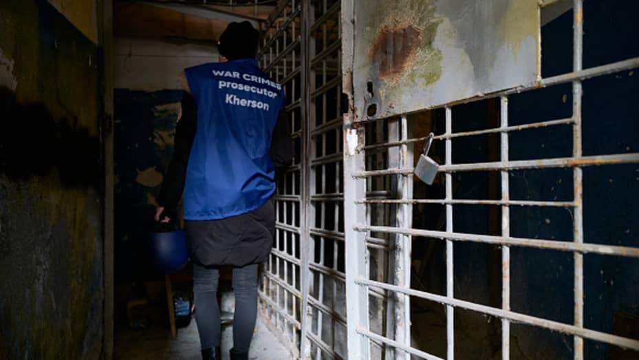 Officers of the War Crimes Prosecutor office and police officers investigate war crimes committed by the Russian occupying forces on the local civilian population in the basements and rooms of Ukrainian penitentiary buildings on January 4, 2023 in Kherson, Ukraine. 