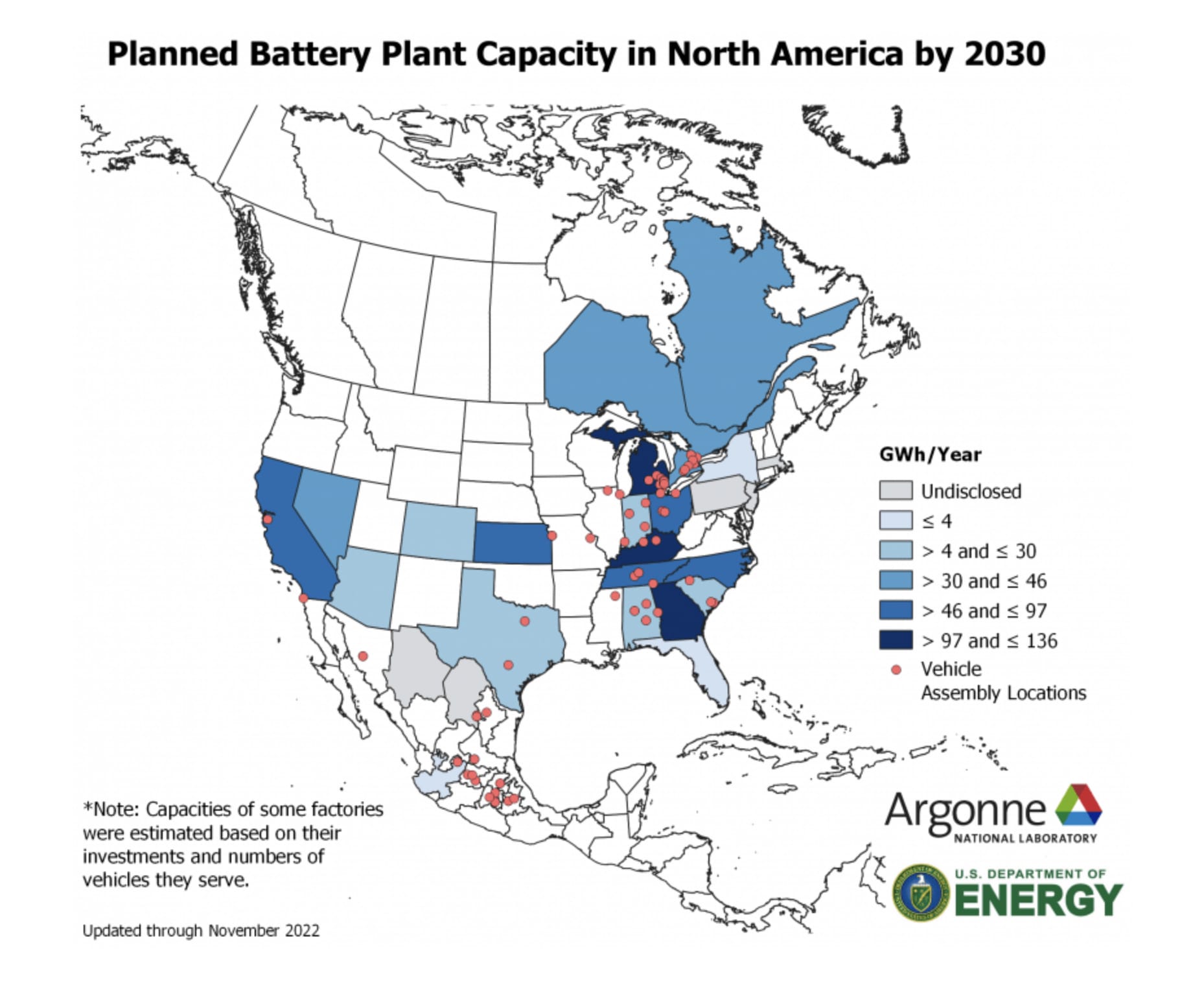 Planned electric vehicle battery plant capacity in North America by 2030. Data updated through November.