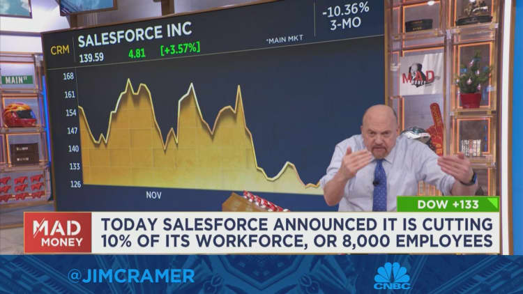 Jim Cramer says there will be more technical layoffs after Salesforce cuts staff by 10%.