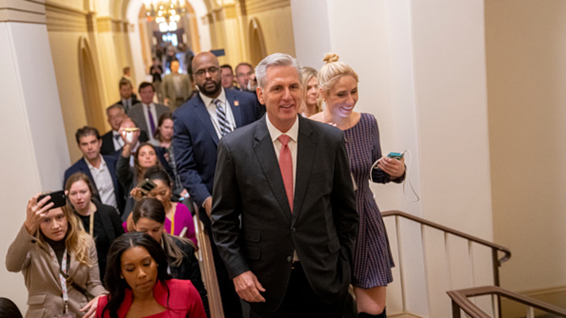 U.S. House Republican Leader Rep. Kevin McCarthy (R-CA) walks to his office during the third day of elections for Speaker of the House at the U.S. Capitol Building on January 05, 2023 in Washington, DC.
