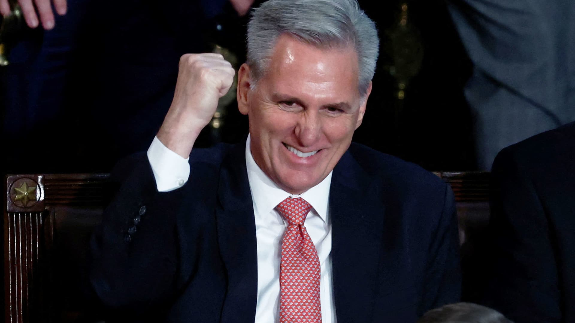 House Republican Leader Kevin McCarthy (R-CA) pumps his fist after voting for himself for the 9th time during a 9th round of voting in the election of a new Speaker of the House on the third day of the 118th Congress at the U.S. Capitol in Washington, January 5, 2023.
