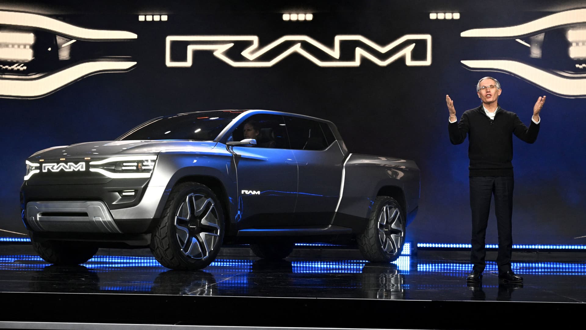 Stellantis CEO Carlos Tavares discusses the Ram 1500 Revolution EV Concept truck during his keynote address at the Consumer Electronics Show (CES) in Las Vegas, Nevada, on January 5, 2023.