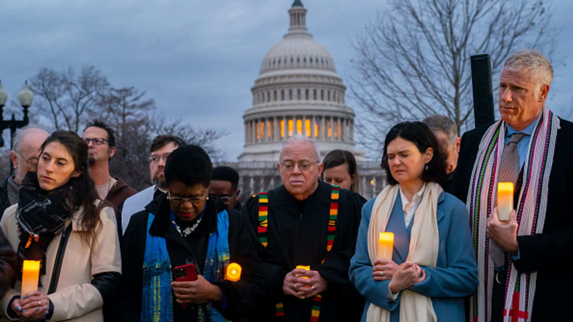 Community faith leaders gather for a prayer vigil on the second anniversary of the January 6 attack on the Capitol on January 6, 2023 in Washington, DC. Speakers called for an end to Christian nationalism and denounced political violence.