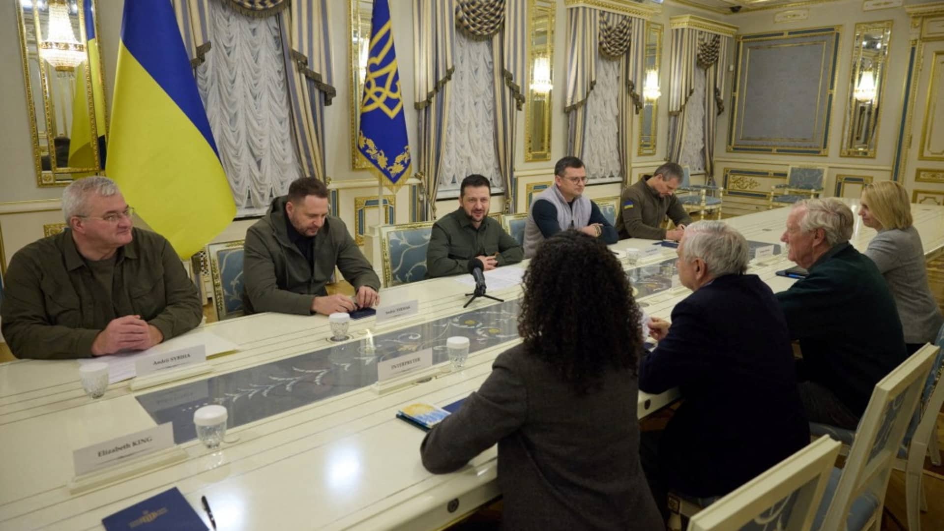 U.S. Senators Jack Reed (D-RI), Chairman of the Senate Armed Services Committee, and Angus King (I-ME) attend a meeting with Ukraine's President Volodymyr Zelenskiy, amid Russia's attack on Ukraine, in Kyiv, Ukraine January 6, 2023. 