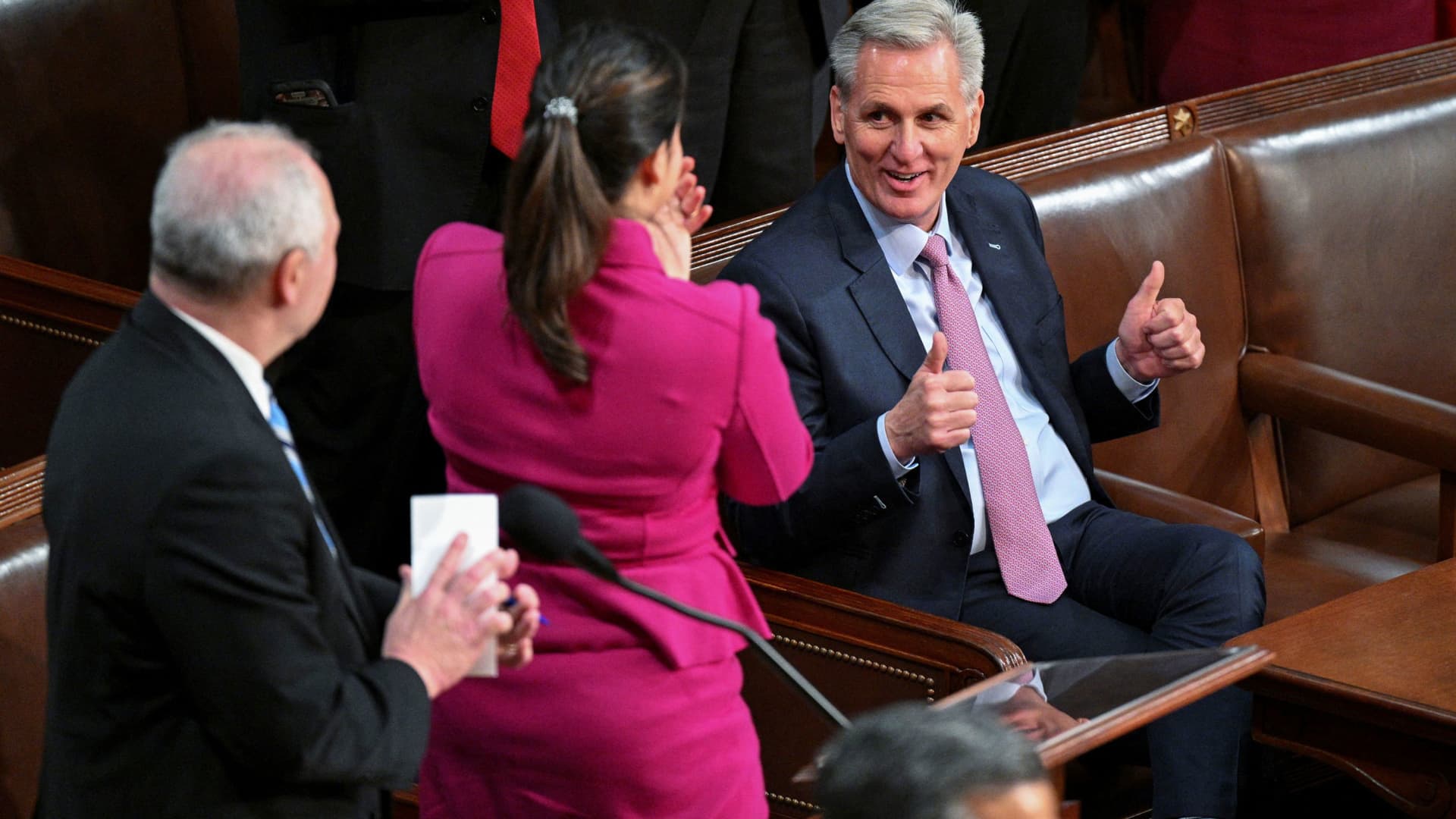 U.S. House Republican Leader Kevin McCarthy (R-CA) gives two thumbs up in the direction of Republican Conference Chair Elise Stefanik (R-NY) and Republican Whip Steve Scalise (R-LA) after casting his own vote for himself in the 12th round of voting for a new Speaker on the 4th day of the 118th Congress at the U.S. Capitol in Washington, January 6, 2023.